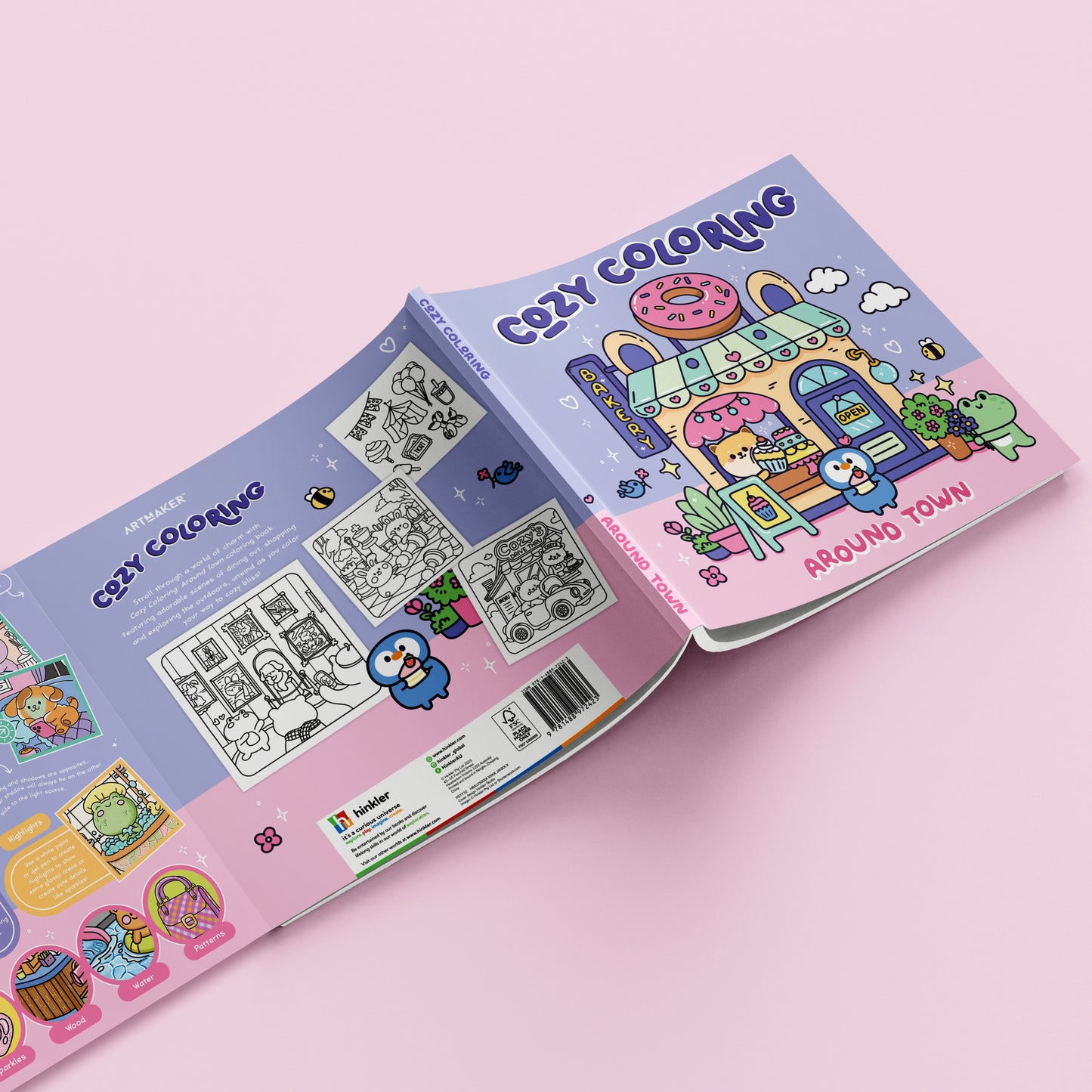 Art Maker Cozy Coloring Book Around Town with pink and blue pages showing coloring activities