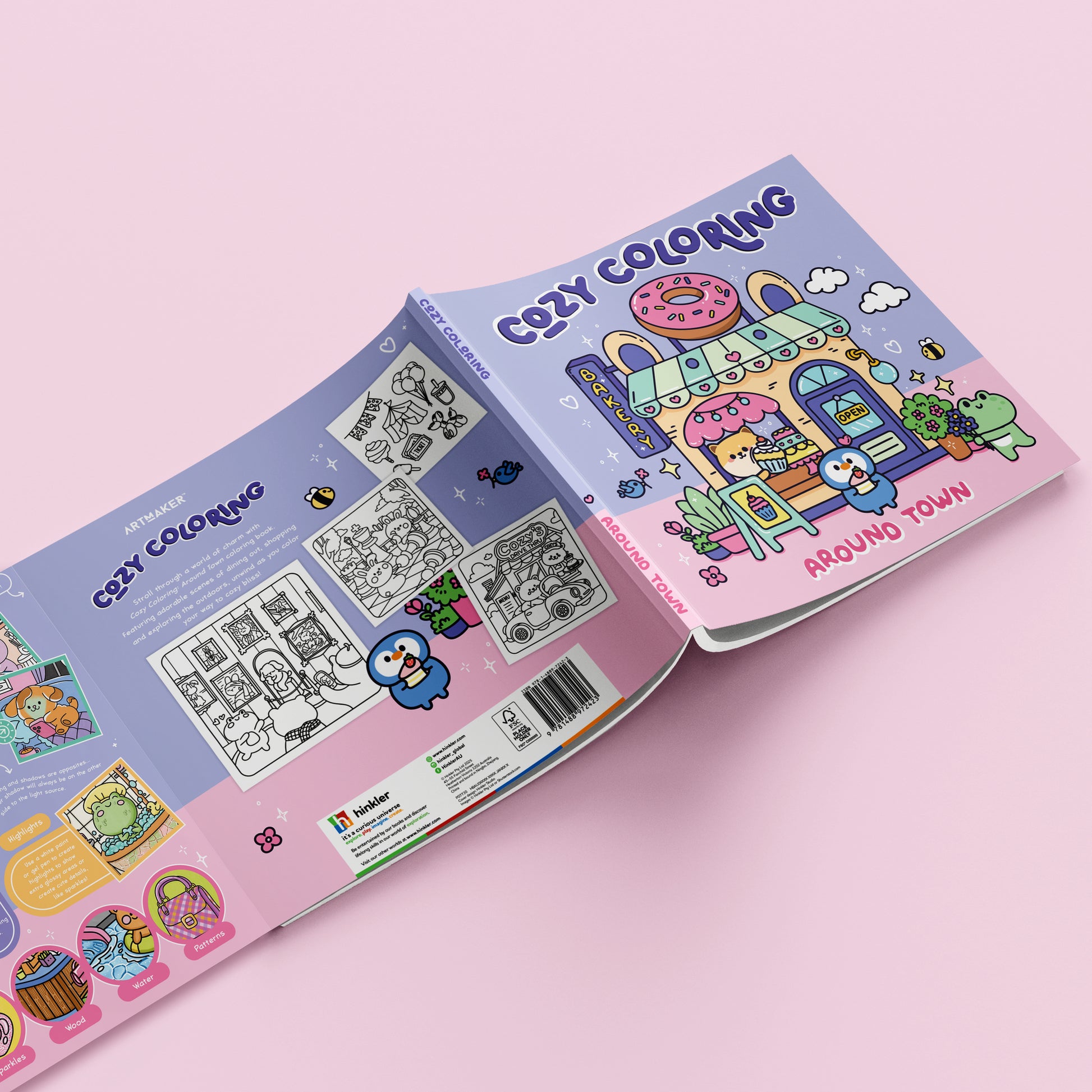 Art Maker Cozy Coloring Book Around Town with pink and blue pages showing coloring activities