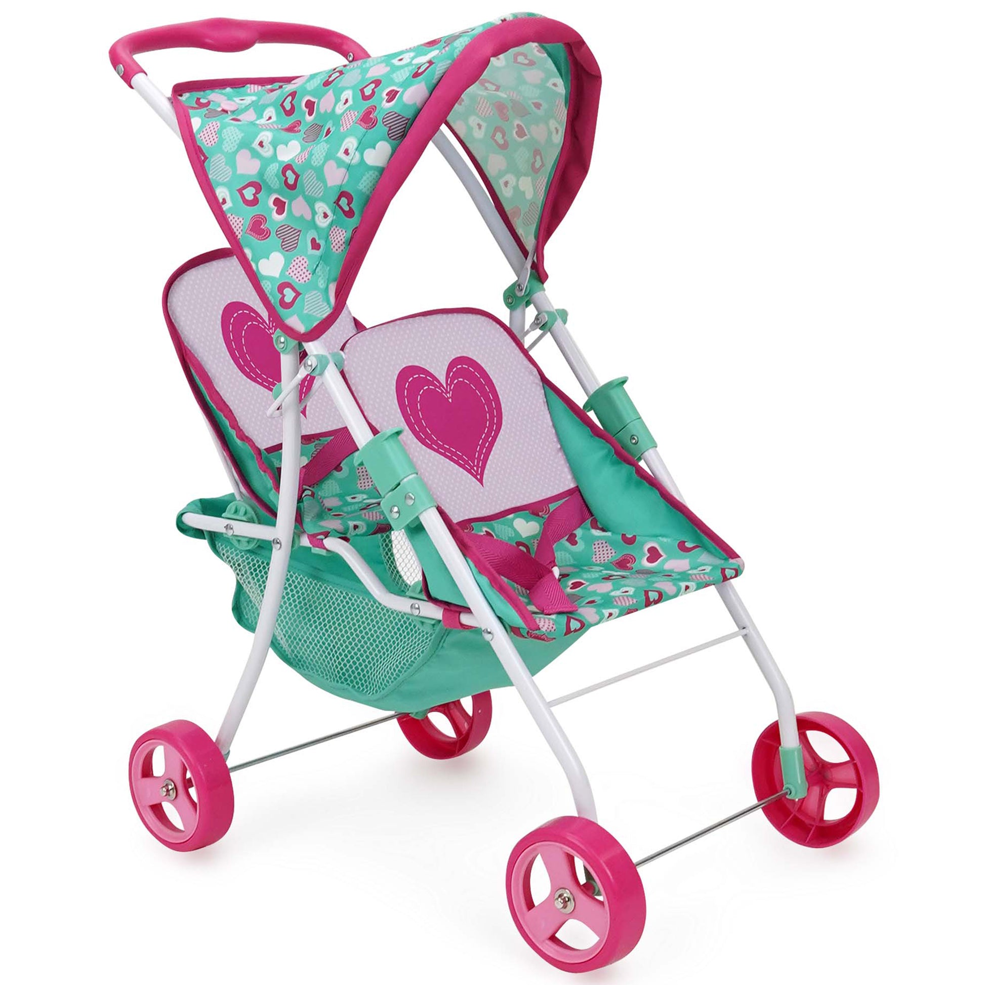 509 Crew Mint Heart Tandem Twin Doll Stroller with pink and turquoise design