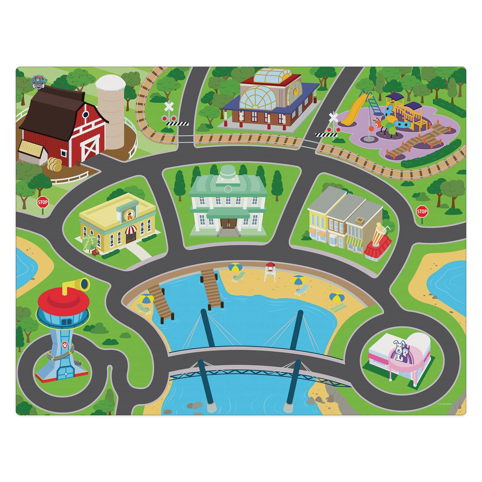 Paw Patrol Imaginmat jumbo floor playmat with colorful town scene, roads, and 2 toy cars