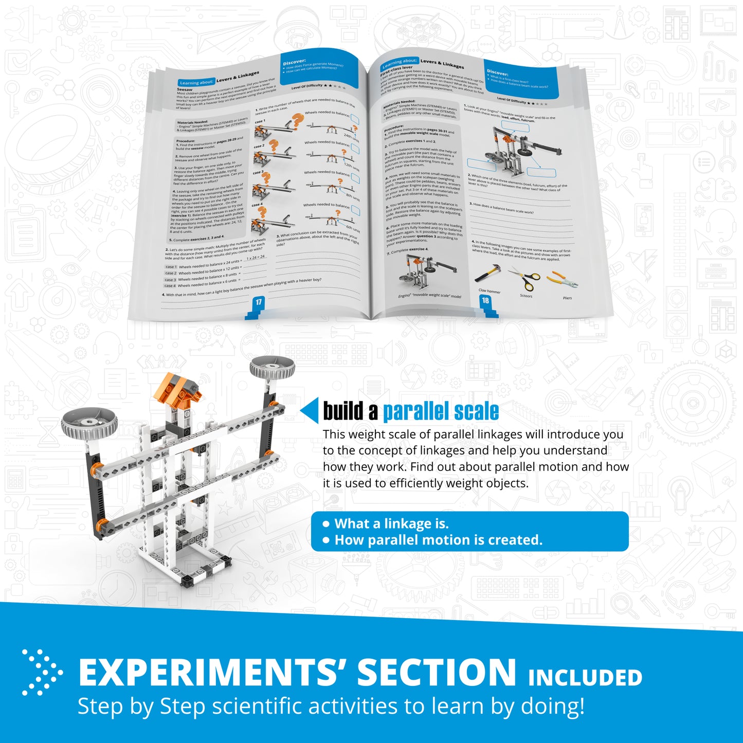 Engino Discovering STEM Mechanics Levers & Linkages building set with instruction manual and parallel scale model