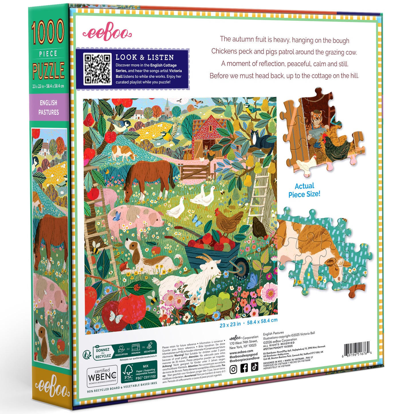 eeBoo English Pastures 1000 Piece Puzzle featuring colorful farm animals and pastoral landscape illustration
