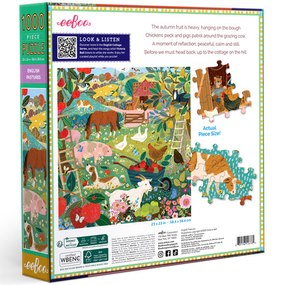 eeBoo English Pastures 1000 Piece Puzzle featuring colorful farm animals and pastoral landscape illustration