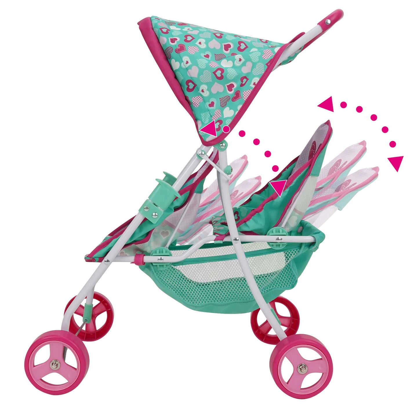 509 Crew Mint Heart Tandem Twin Doll Stroller with pink wheels and heart pattern