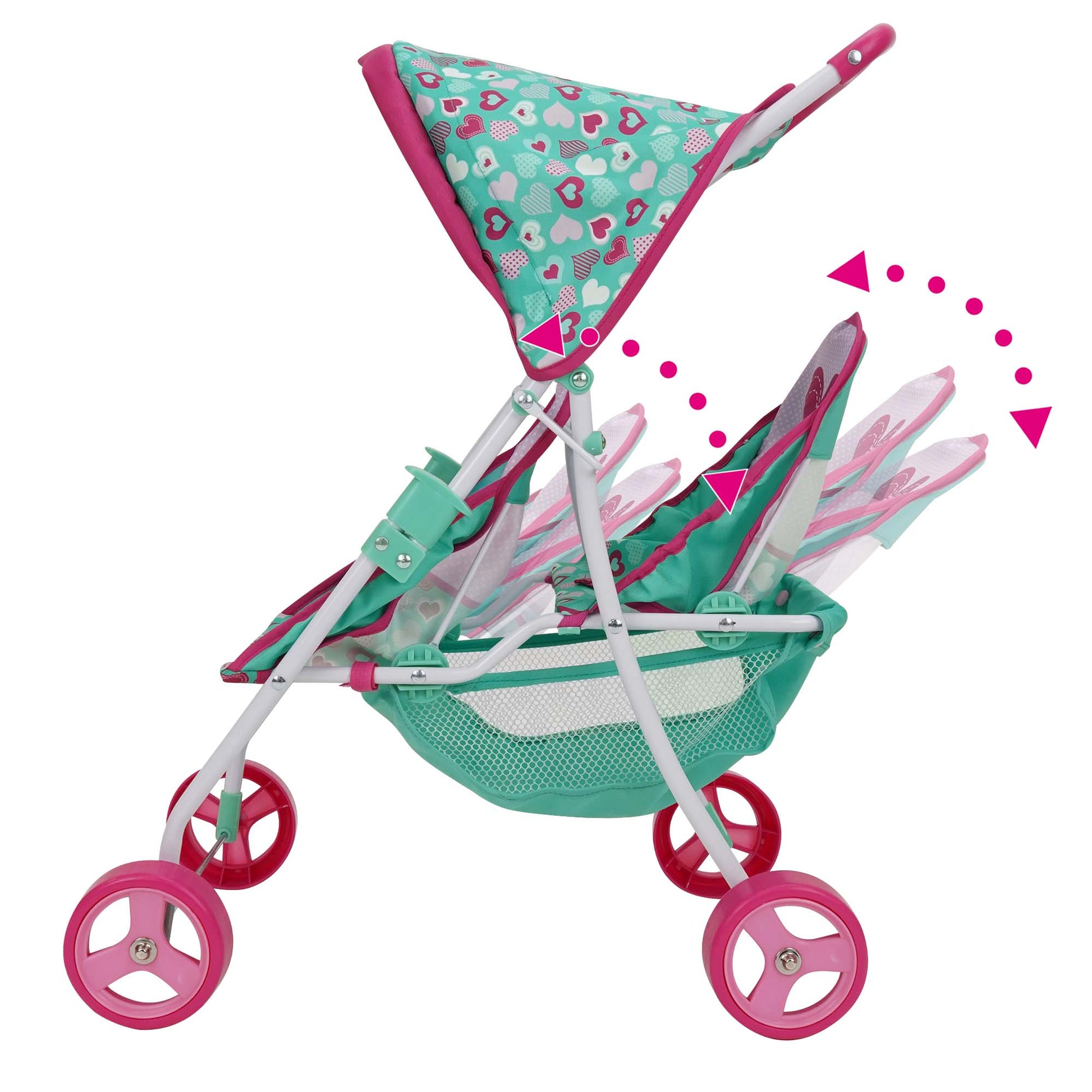 509 Crew Mint Heart Tandem Twin Doll Stroller with pink wheels and heart pattern