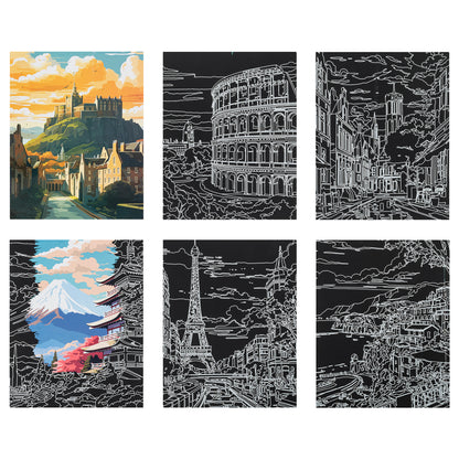 Scratch Art Paper Pad Global Iconic Views with 6 colorful city landmark designs
