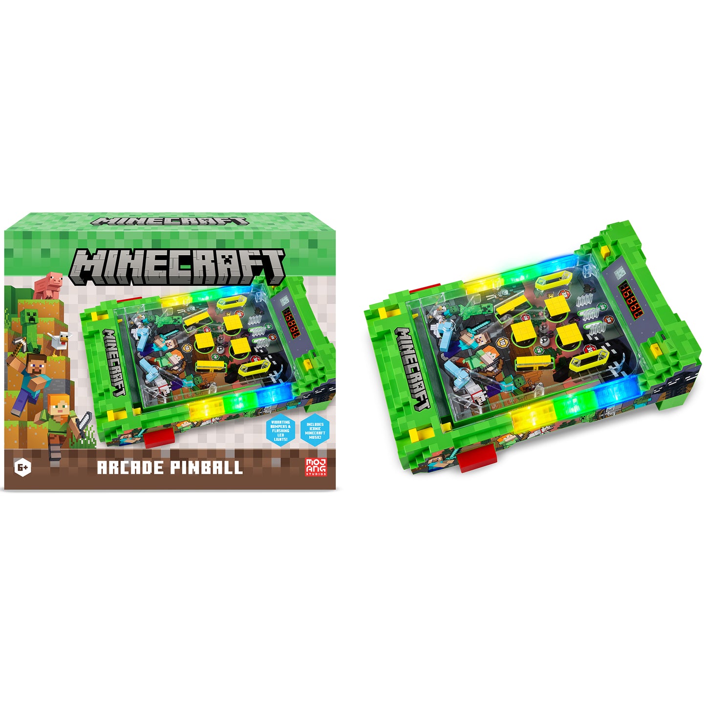 Minecraft Arcade Pinball Overworld game with green pixel design and yellow flippers