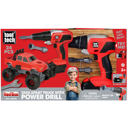 Tool Tech Take Apart Truck with Power Drill set in red and black, including toy truck, power drill with bits, and acc...