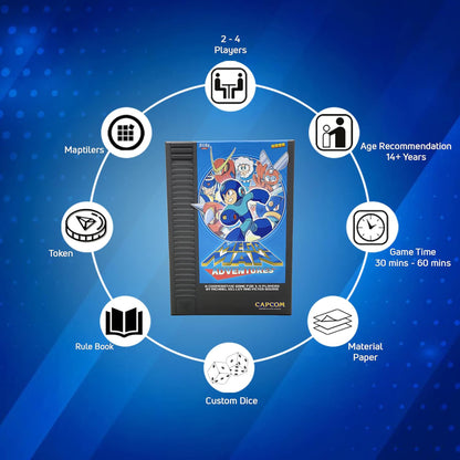 Mega Man Adventures board game box featuring colorful robot characters on blue background with game components
