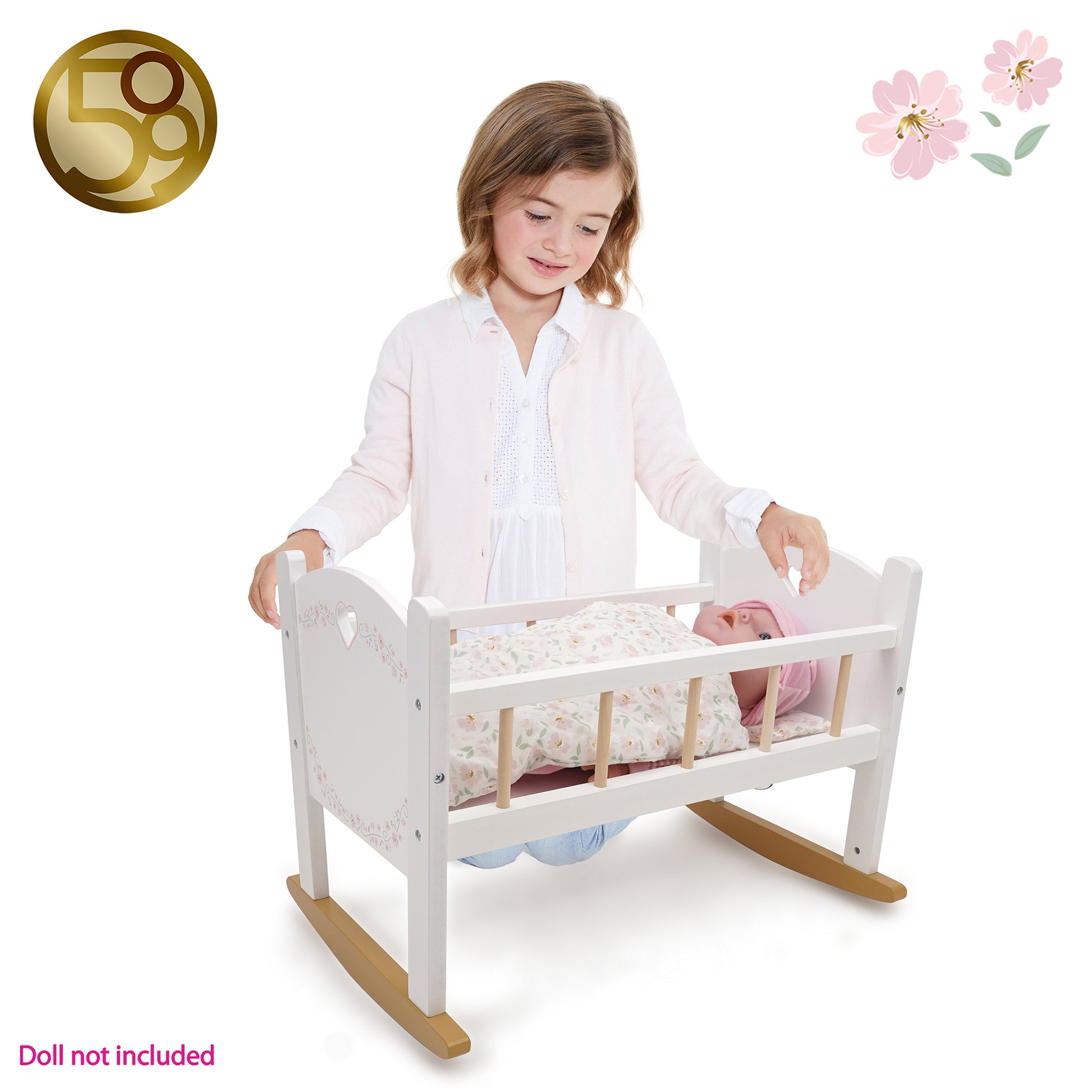 509 Crew Little Flora wooden doll cradle in white and pink with flower design