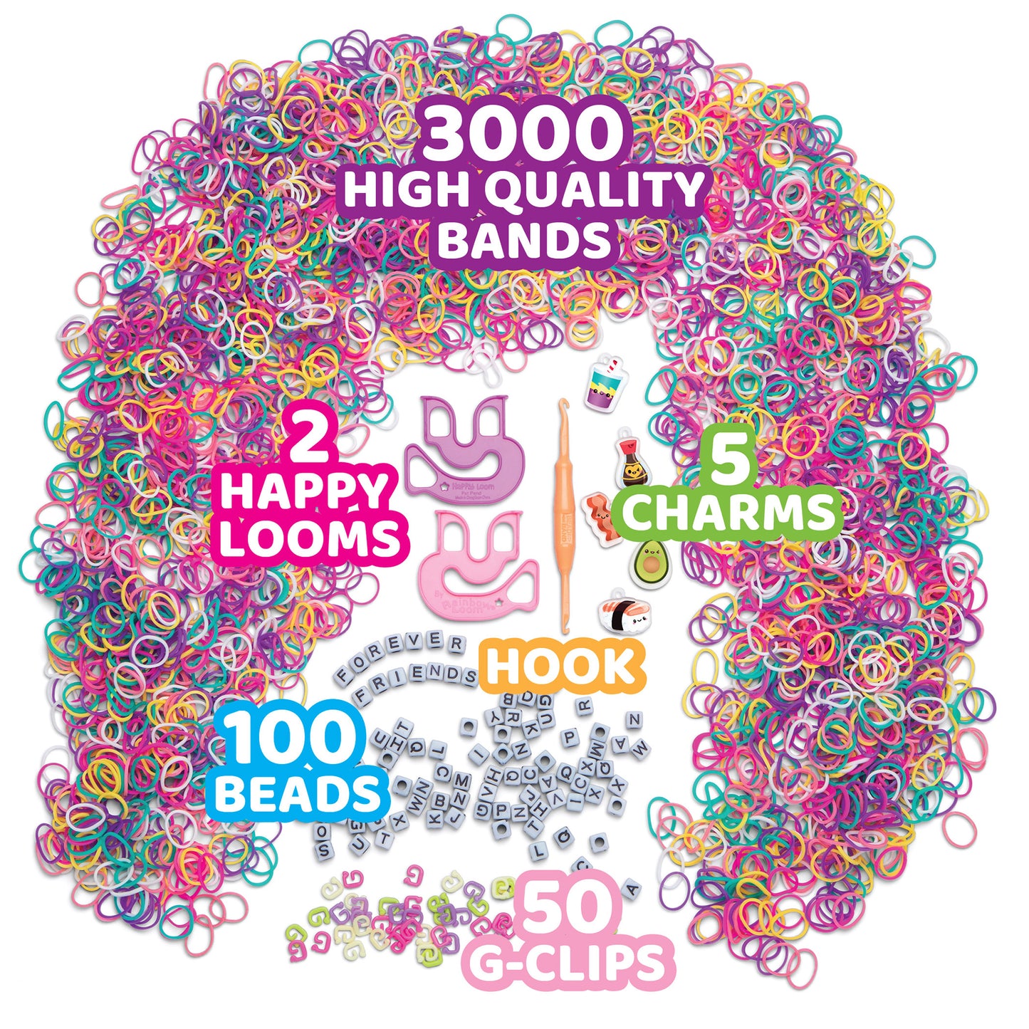 Rainbow Loom Forever Friends kit with 3000 colorful rubber bands, 2 looms, hook, 100 beads, and charms