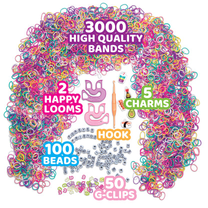 Rainbow Loom Forever Friends kit with 3000 colorful rubber bands, 2 looms, hook, 100 beads, and charms
