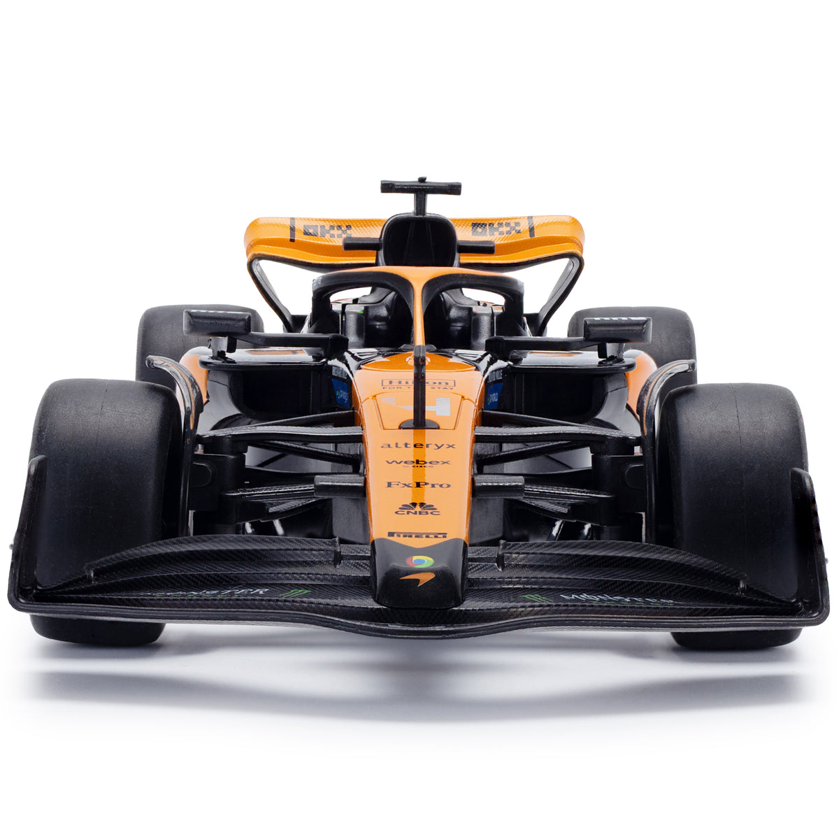 CMJ RC Car 1:20 Scale McLaren F1 orange race car with black details, front view