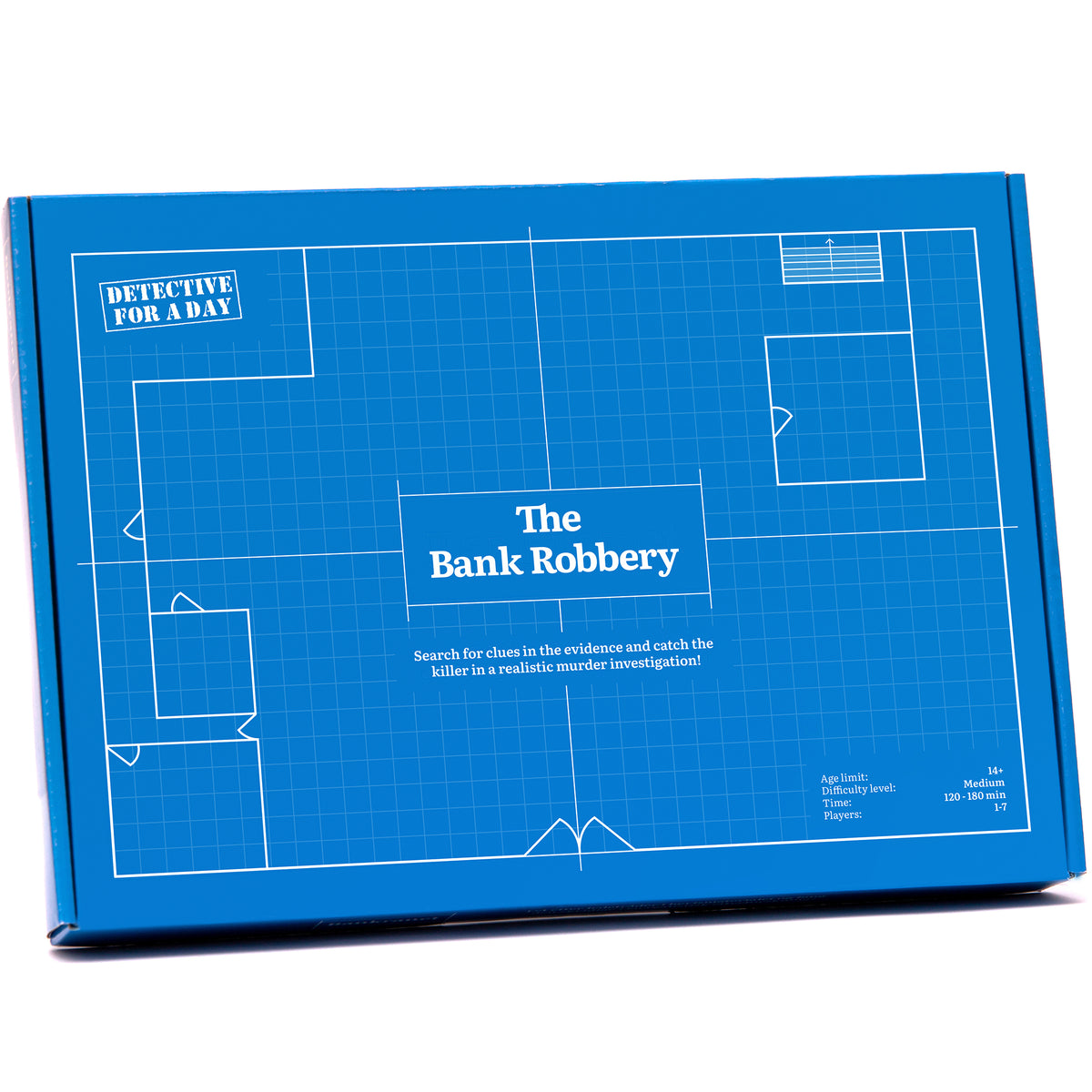 Detective For A Day: The Bank Robbery board game box with blue blueprint-style design