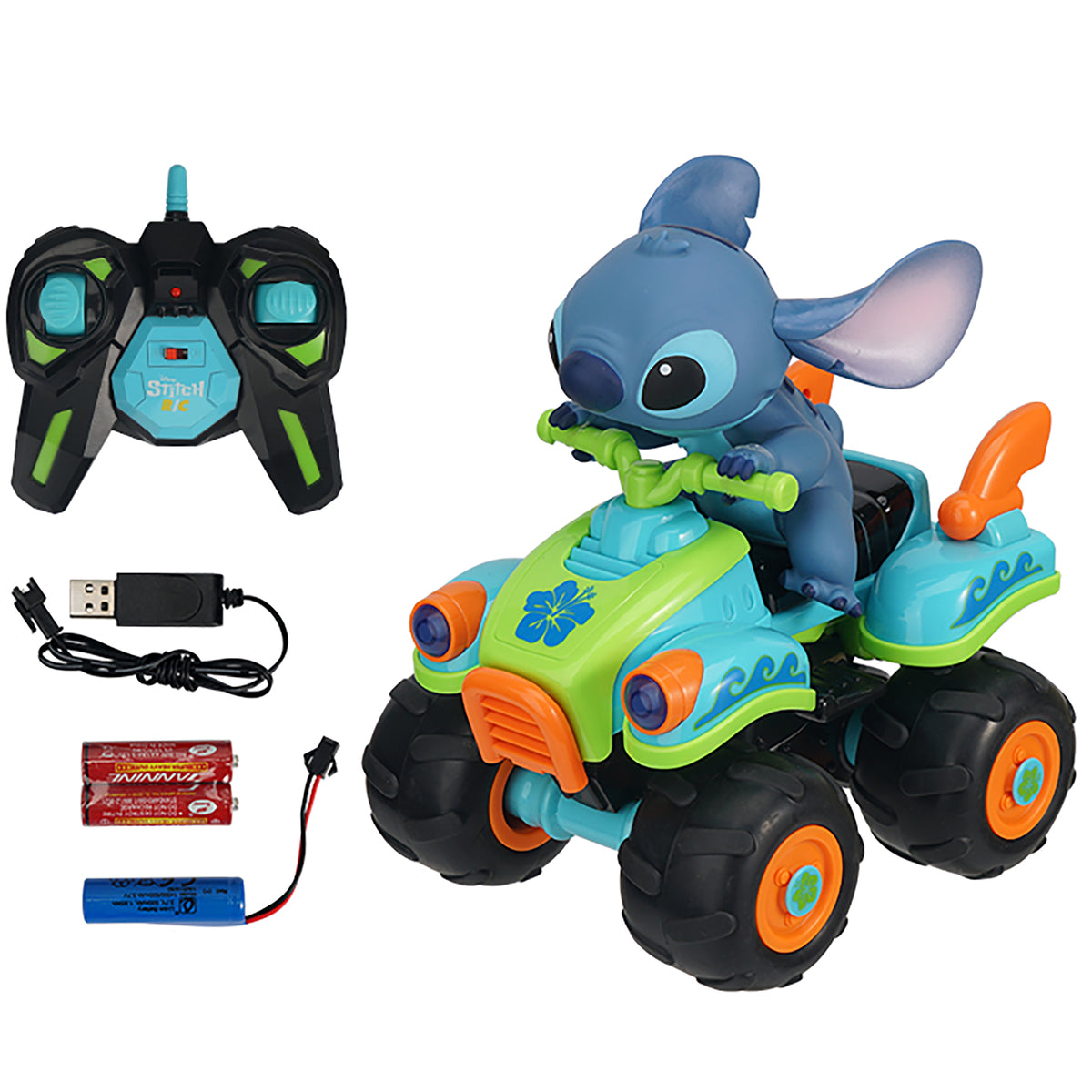 Disney Stitch 7.5" R/C ATV 4 Wheeler with remote control, blue character on lime green and turquoise vehicle with ora...