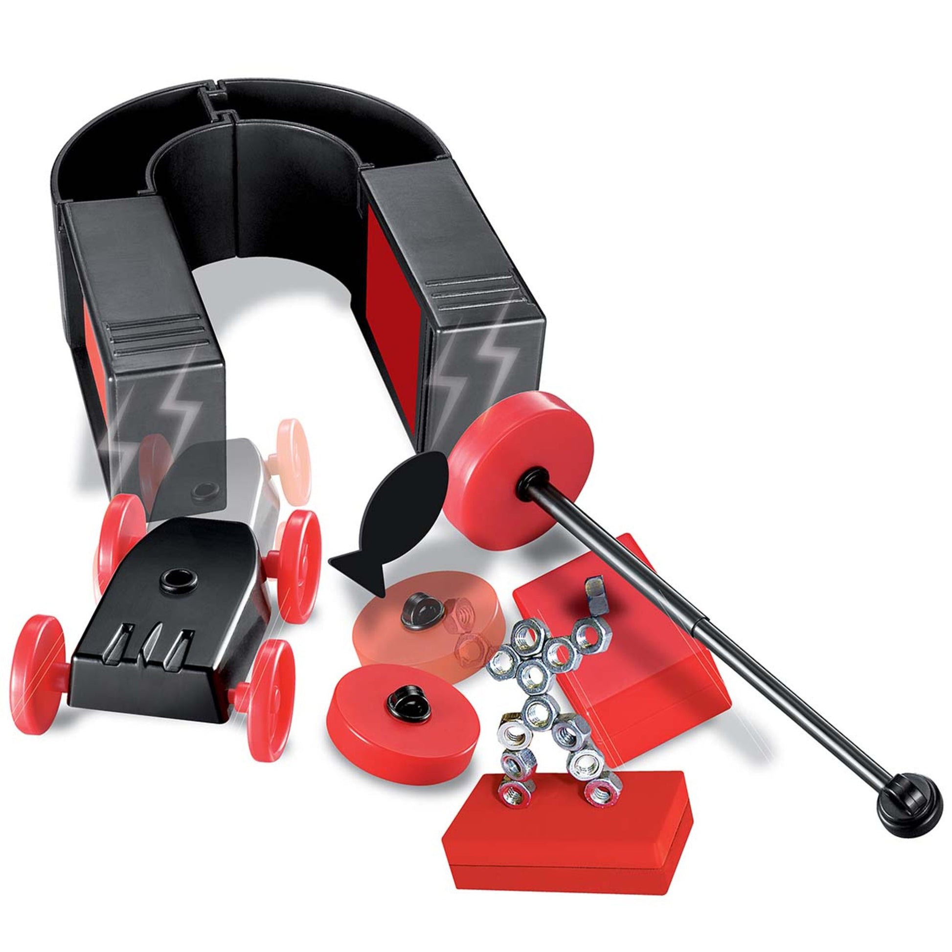 4M KidzLabs Magnet Science STEM toy kit with red and black components, headphones, and magnetic experiments