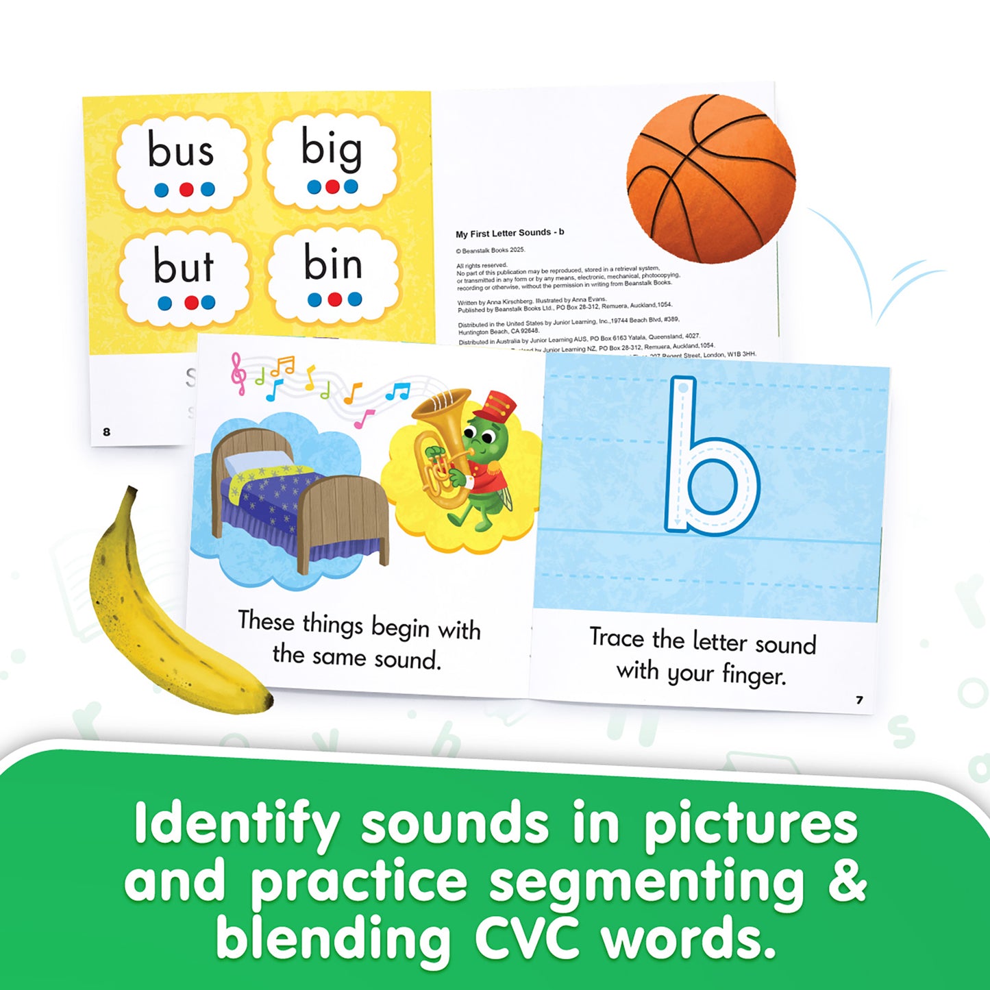 My First Letter Sounds book set showing letter B words, basketball, banana, and tracing activities for phonics learning