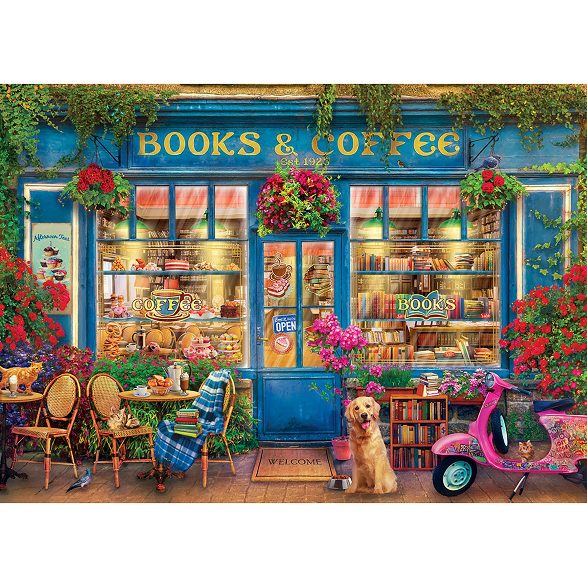 Eurographics Books & Coffee 1000 Piece Puzzle featuring charming blue café storefront with flowers
