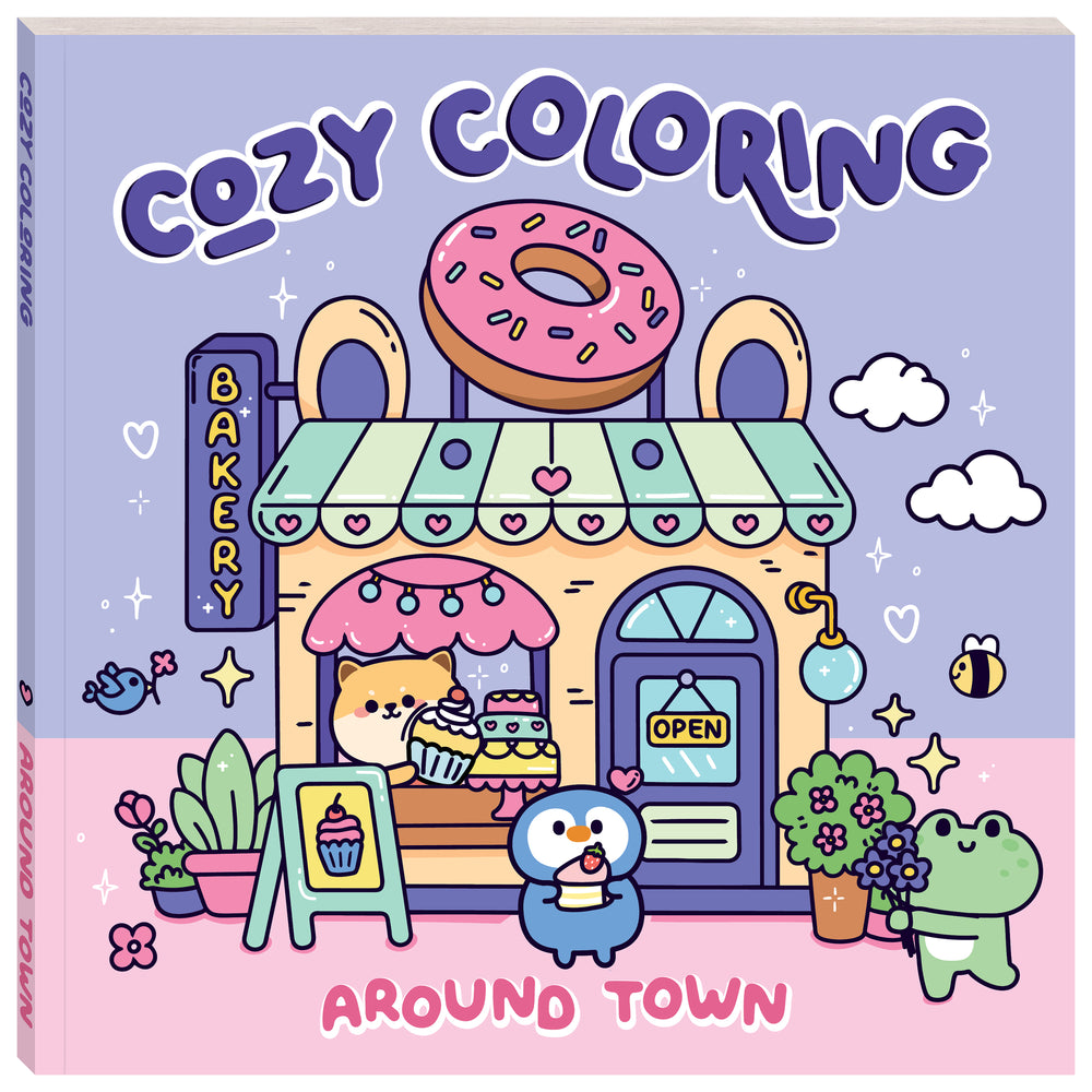 Cozy Coloring Book Around Town with cute bakery shop and character illustrations