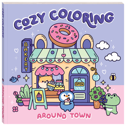Cozy Coloring Book Around Town with cute bakery shop and character illustrations