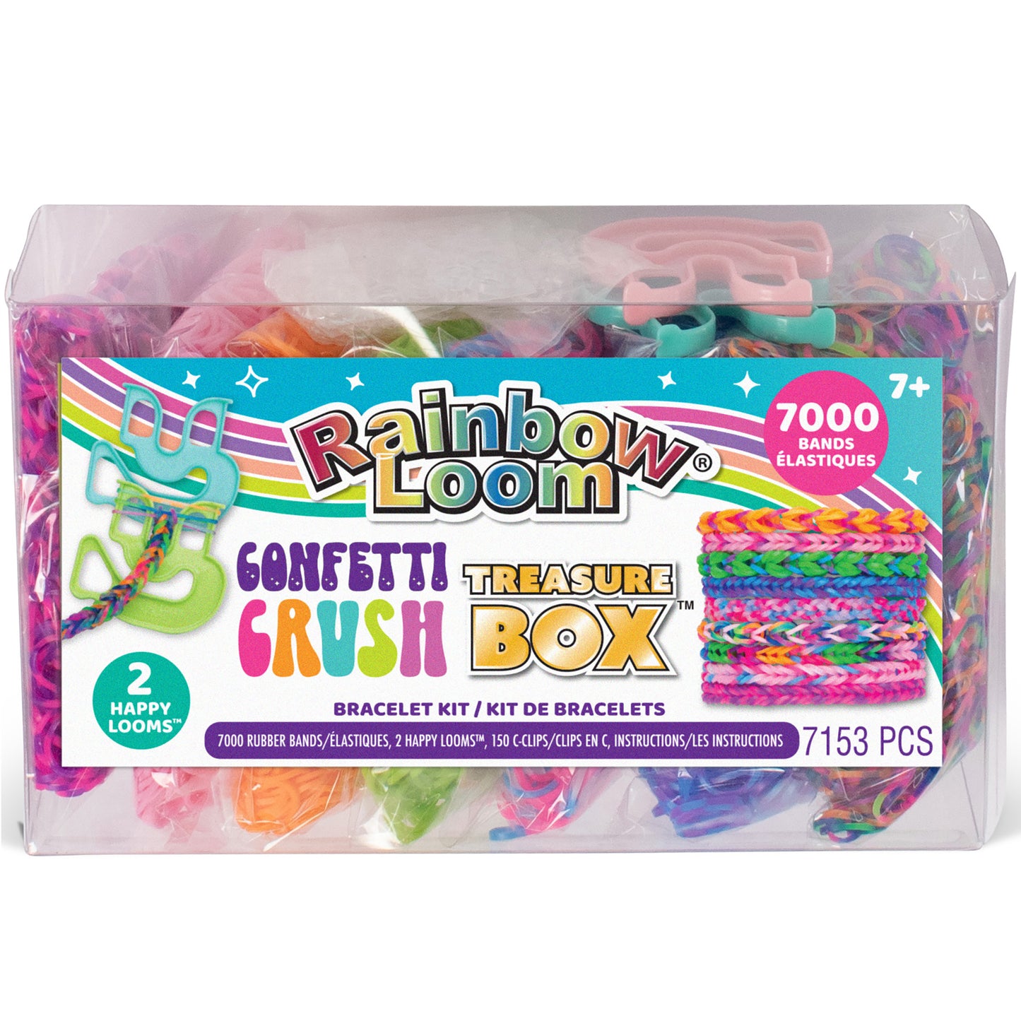 Rainbow Loom Confetti Crush Treasure Box bracelet kit with 7000 colorful rubber bands and 2 looms