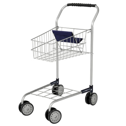 Grey metal shopping cart with silver handle, black grip, blue fabric seat, and four black wheels on plain background