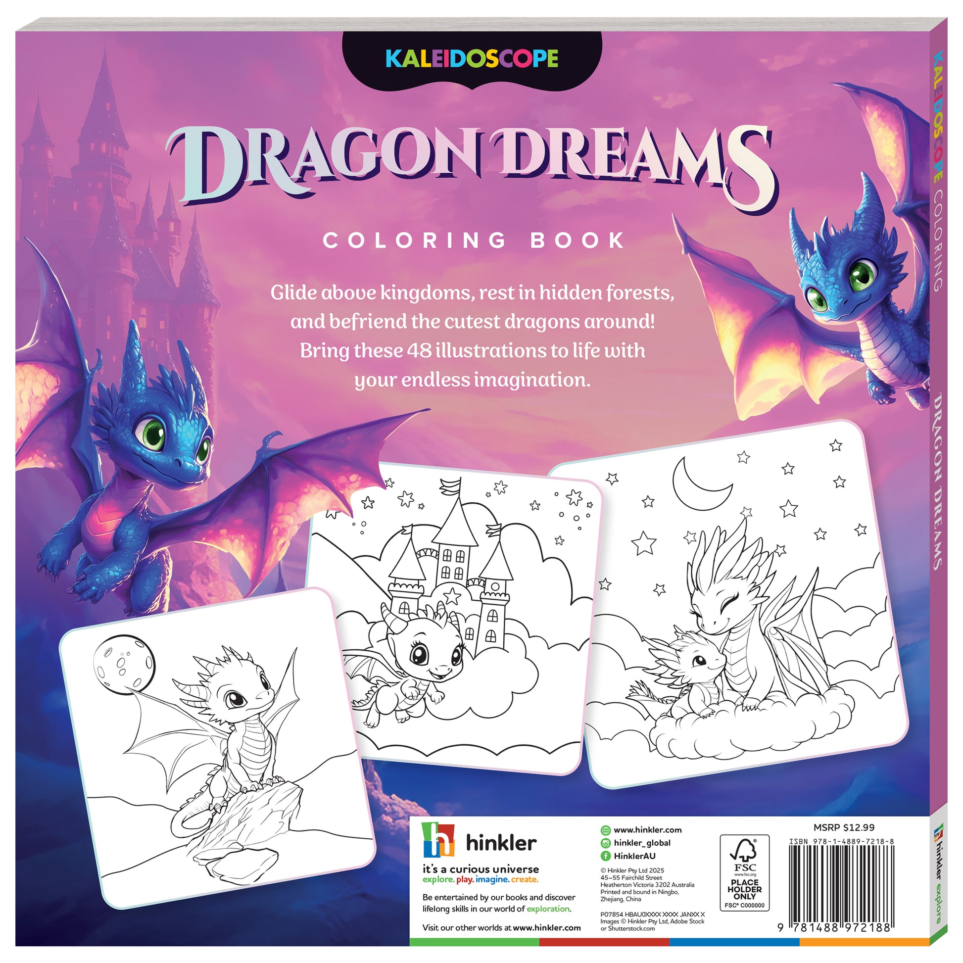 Kaleidoscope Dragon Dreams Coloring Book with 48 illustrations of cute dragons and magical castles