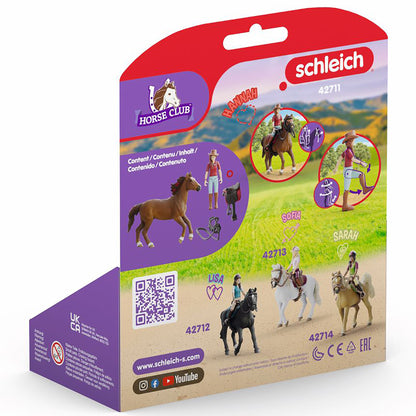 Schleich Horse Club Hannah & Cayenne playset with brown horse, cowgirl figure, and saddle