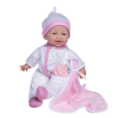 JC Toys La Baby 11 inch soft body doll with white and pink outfit, hat, blanket and pacifier
