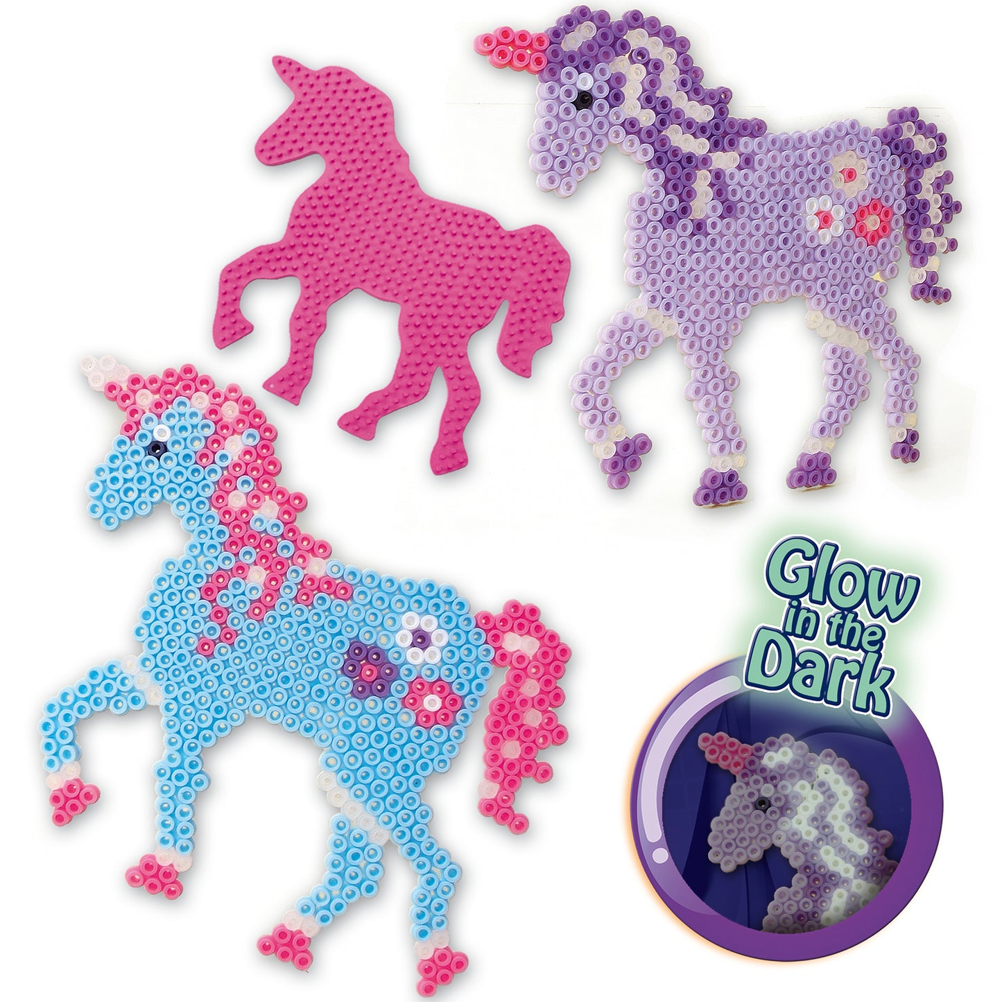 SES Creative Beedz Fantasy Horses DIY Unicorn Craft Kit - 1200 Fusible Iron-On Beads, Glow-In-The-Dark