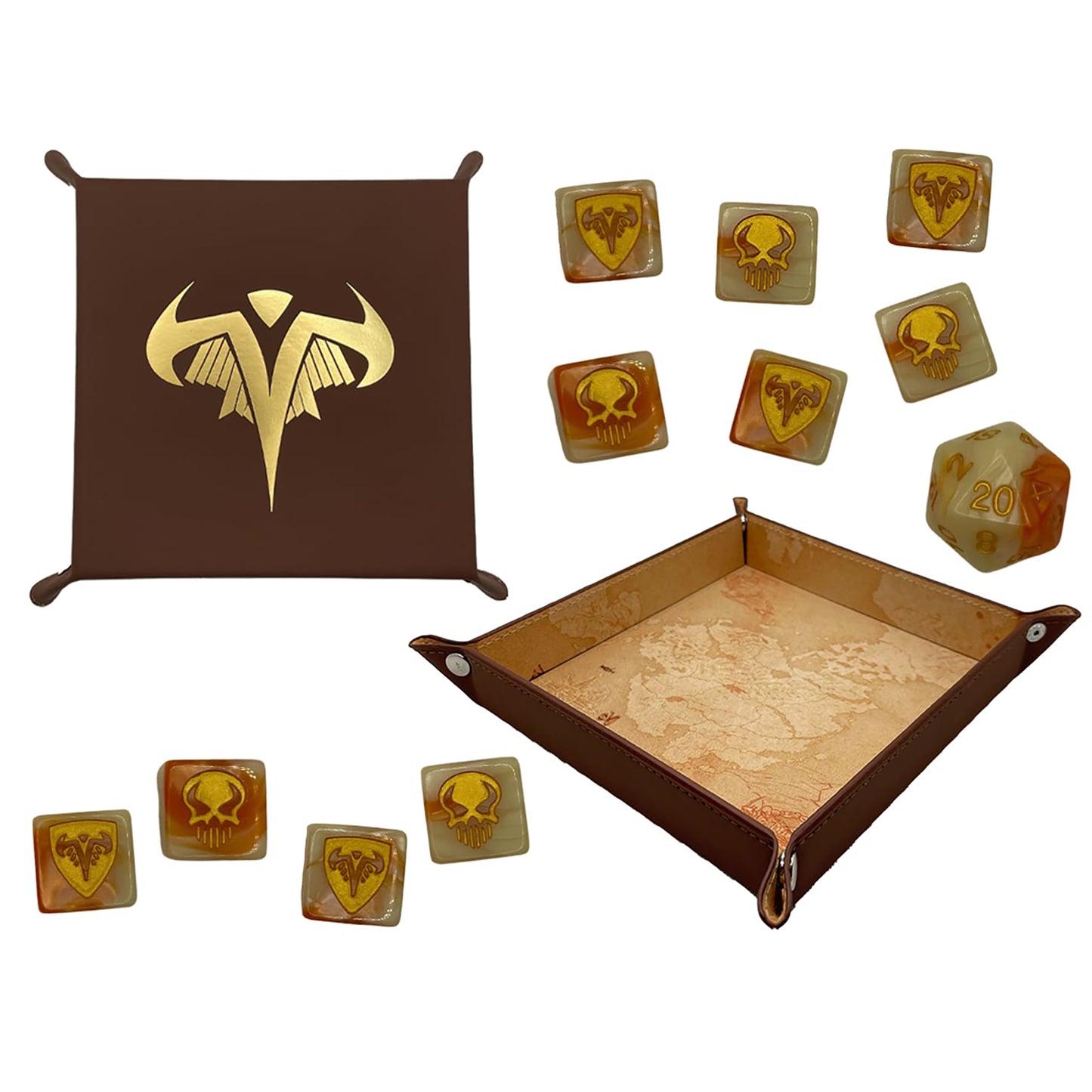 Heroscape Valhalla Dice Tray with brown leather case, gold emblem, and assorted combat dice