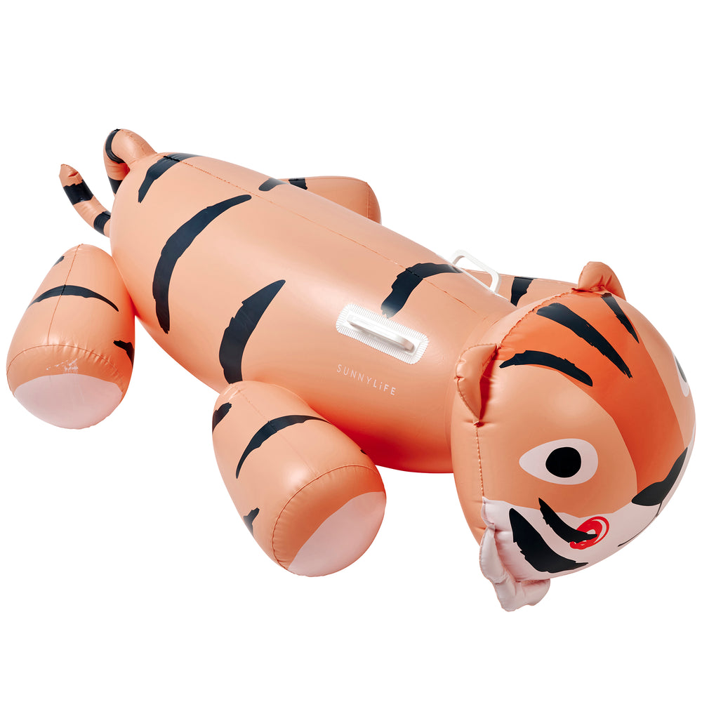 Tino the Tiger clay ride-on float with black stripes and red accents