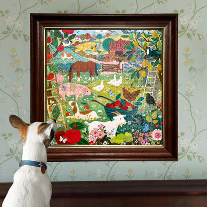 Piece&Love English Pastures 1000 piece jigsaw puzzle featuring colorful farm animals and garden flowers