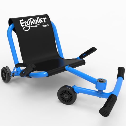 EzyRoller Classic Aqua Blue ride-on toy with blue frame, black seat, and wheels