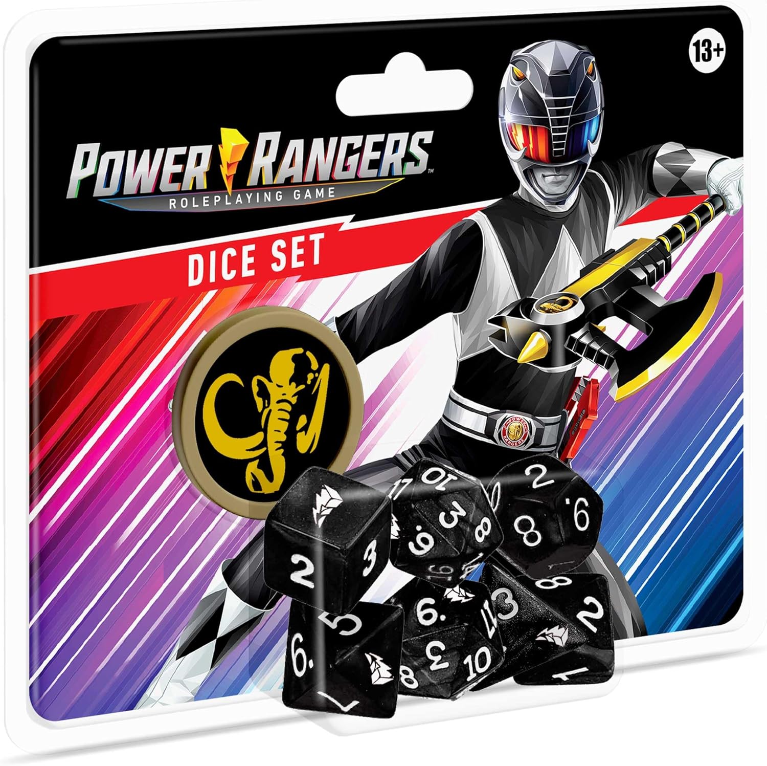 Power Rangers RPG Dice Set - Black 8-piece polyhedral dice with Power Coin for tabletop gaming