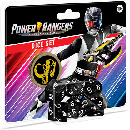 Power Rangers RPG Dice Set - Black 8-piece polyhedral dice with Power Coin for tabletop gaming