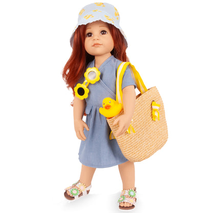 Gotz Hannah Little Duck 19.5" doll with red hair, blue dress, yellow sunglasses, straw bag, and floral sandals