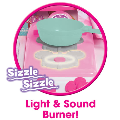 Minnie Mouse Brunch Café playset with light and sound burner, pink kitchen toy for kids