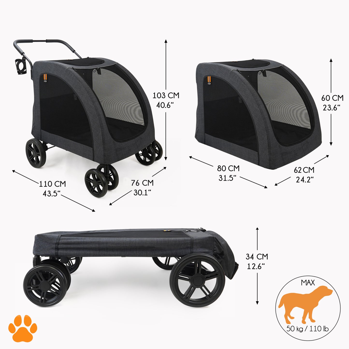 Chester Raincover Pet Stroller in Melange Black with dimensions, fits pets up to 110lbs