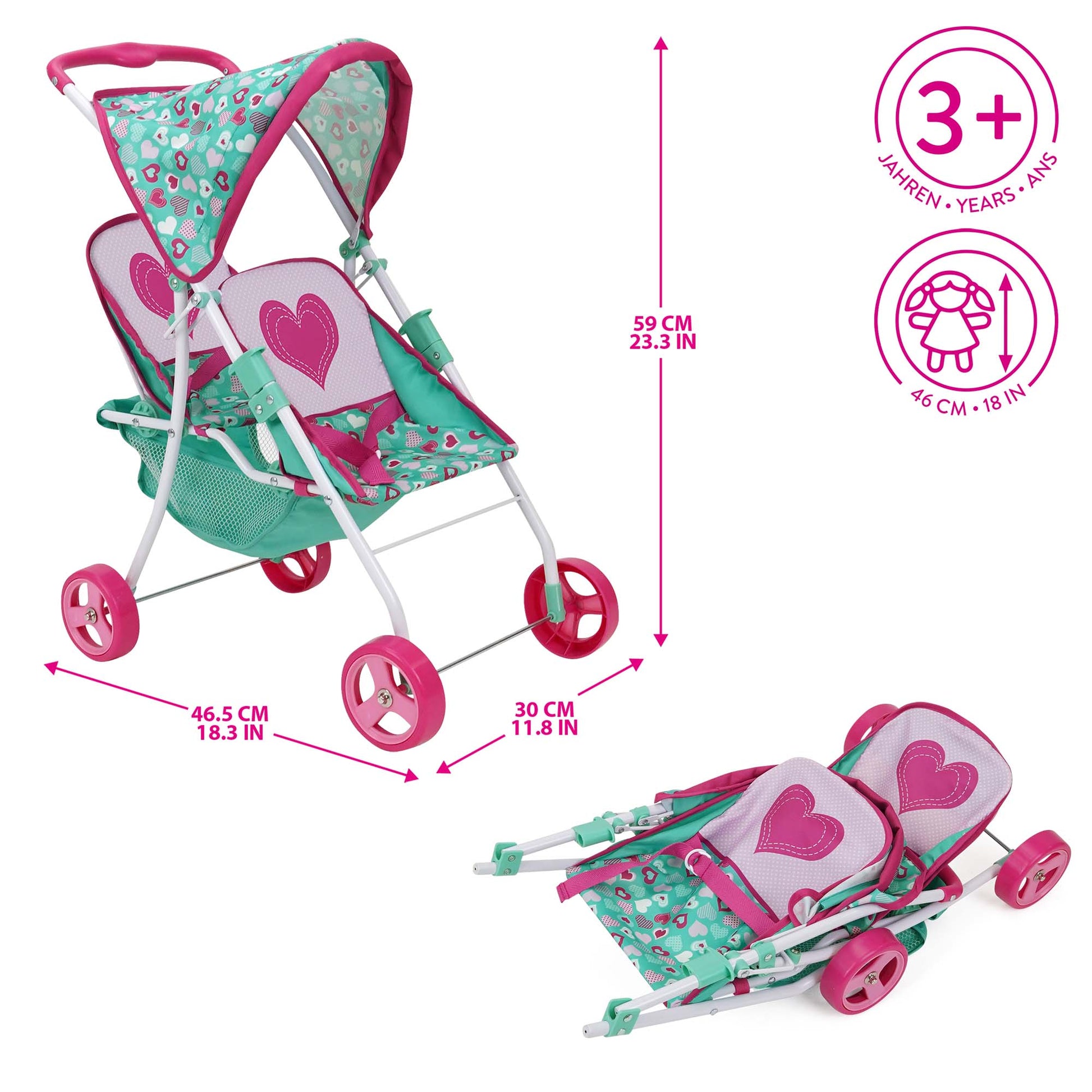 509 Crew Mint Heart Tandem Twin Doll Stroller in turquoise and pink for kids 3+