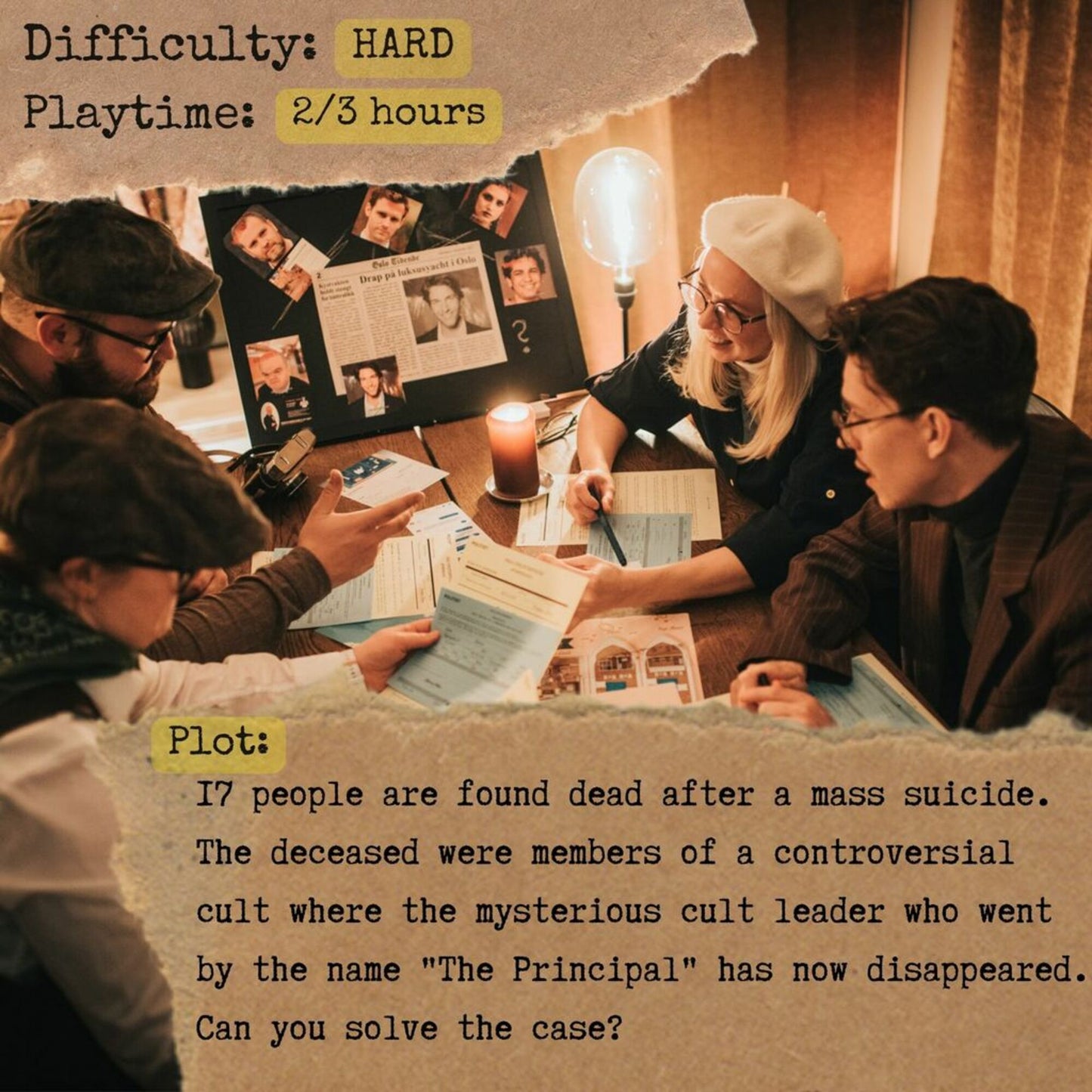Detective For A Day interactive party game with cult mystery setup, players examining clues around table