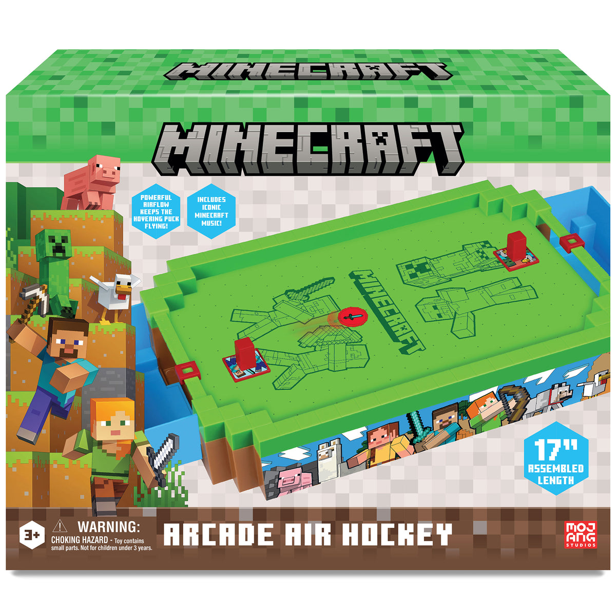 Minecraft Arcade Air Hockey game with green overworld-themed playing surface, red pucks, and pixel art characters inc...