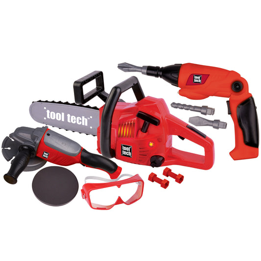 Tool Tech Construction Set with red chainsaw, screwdriver, angle grinder, interchangeable bits, discs, safety goggles...