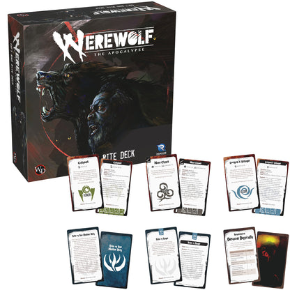 Werewolf: The Apocalypse Gift & Rite Deck expansion cards with reference guides and dark themed packaging