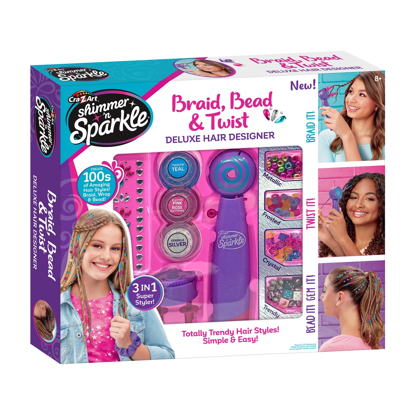 Cra-Z-Art Shimmer n Sparkle Braid Bead Twist Hair Designer with pink and purple styling tools