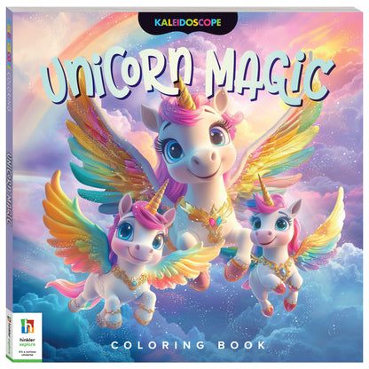 Kaleidoscope Unicorn Magic Coloring Book with colorful winged unicorns and rainbow details