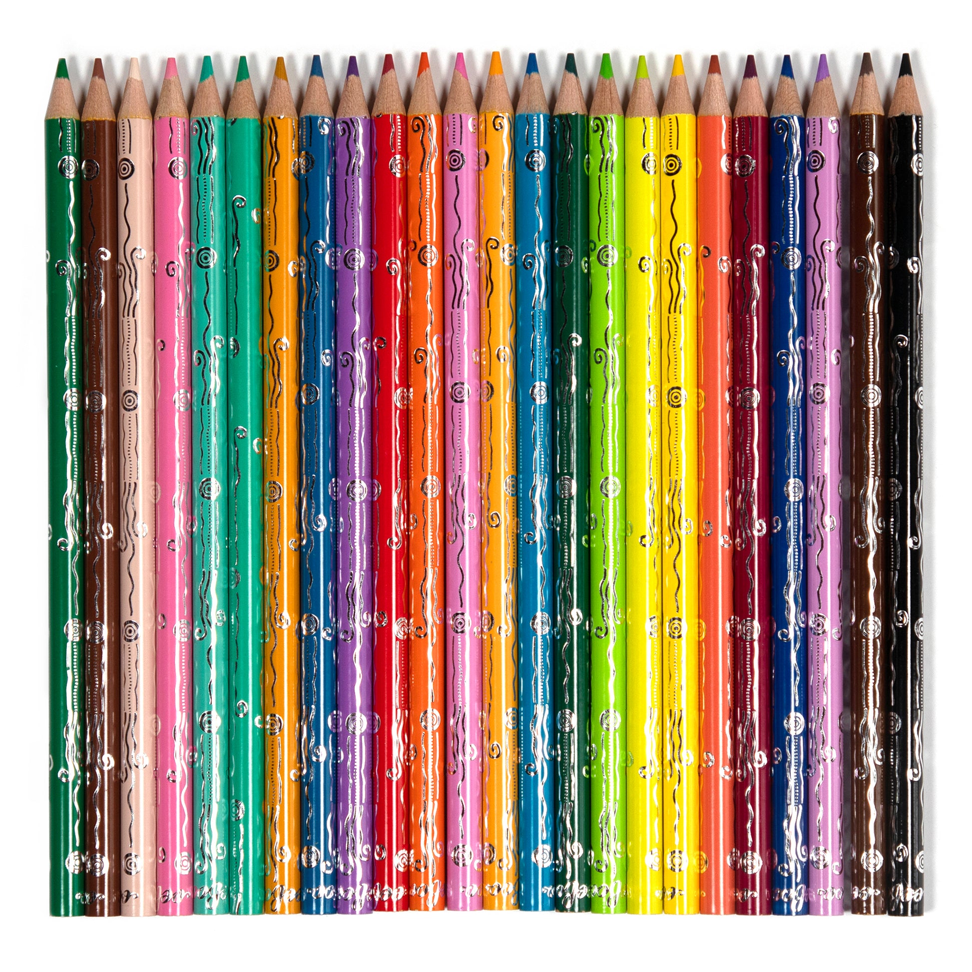 24-color watercolor pencil set arranged in a row, displaying green, brown, pink, teal, orange, blue, purple, red, yellow, and black shades with decorative patte