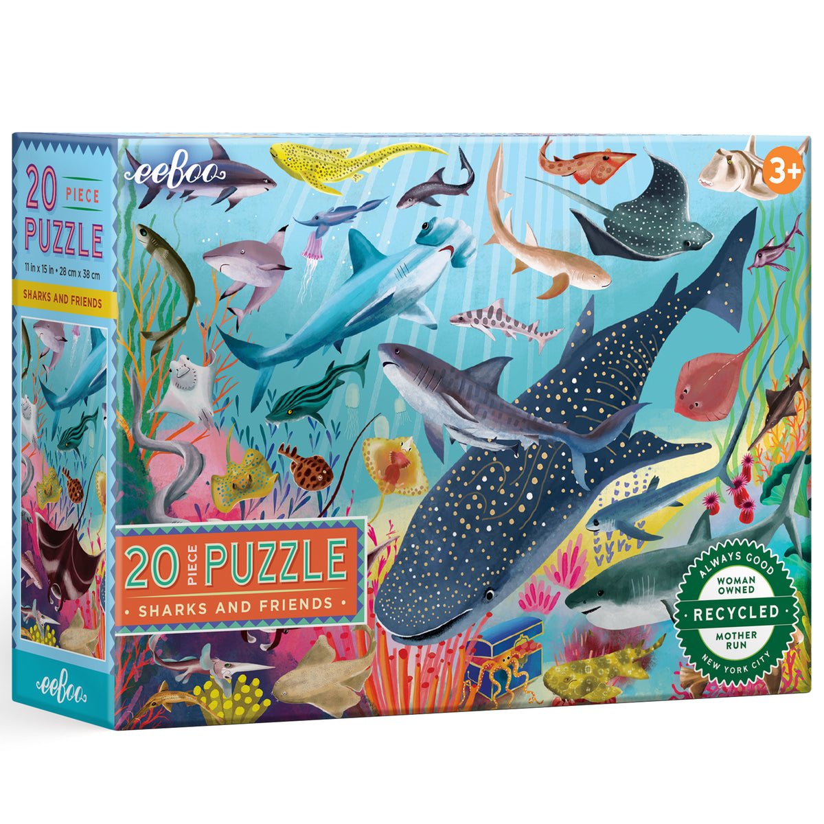 eeBoo Sharks & Friends 20-piece jigsaw puzzle box showing colorful underwater scene with sharks, manta rays, whale, tropical fish, and coral reef