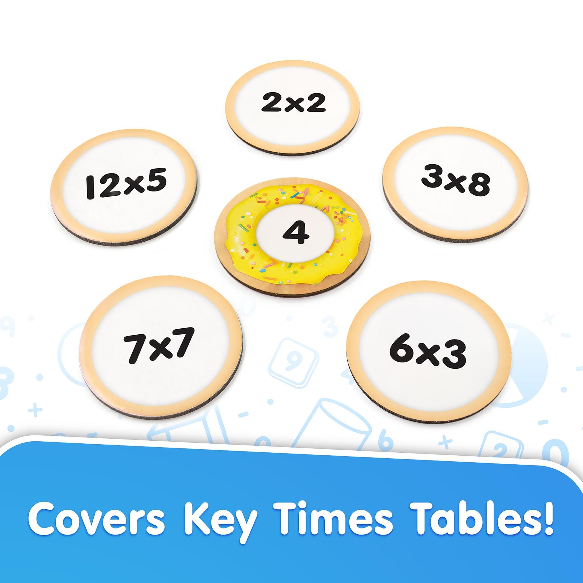 Snacks: Multiplication educational toy with decorated cookies showing math problems 2×2, 12×5, 3×8, 7×7, 6×3