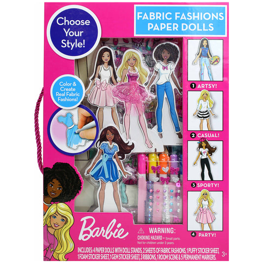 Barbie Fabric Fashions Paper Dolls set with colorful outfits and markers for creative styling